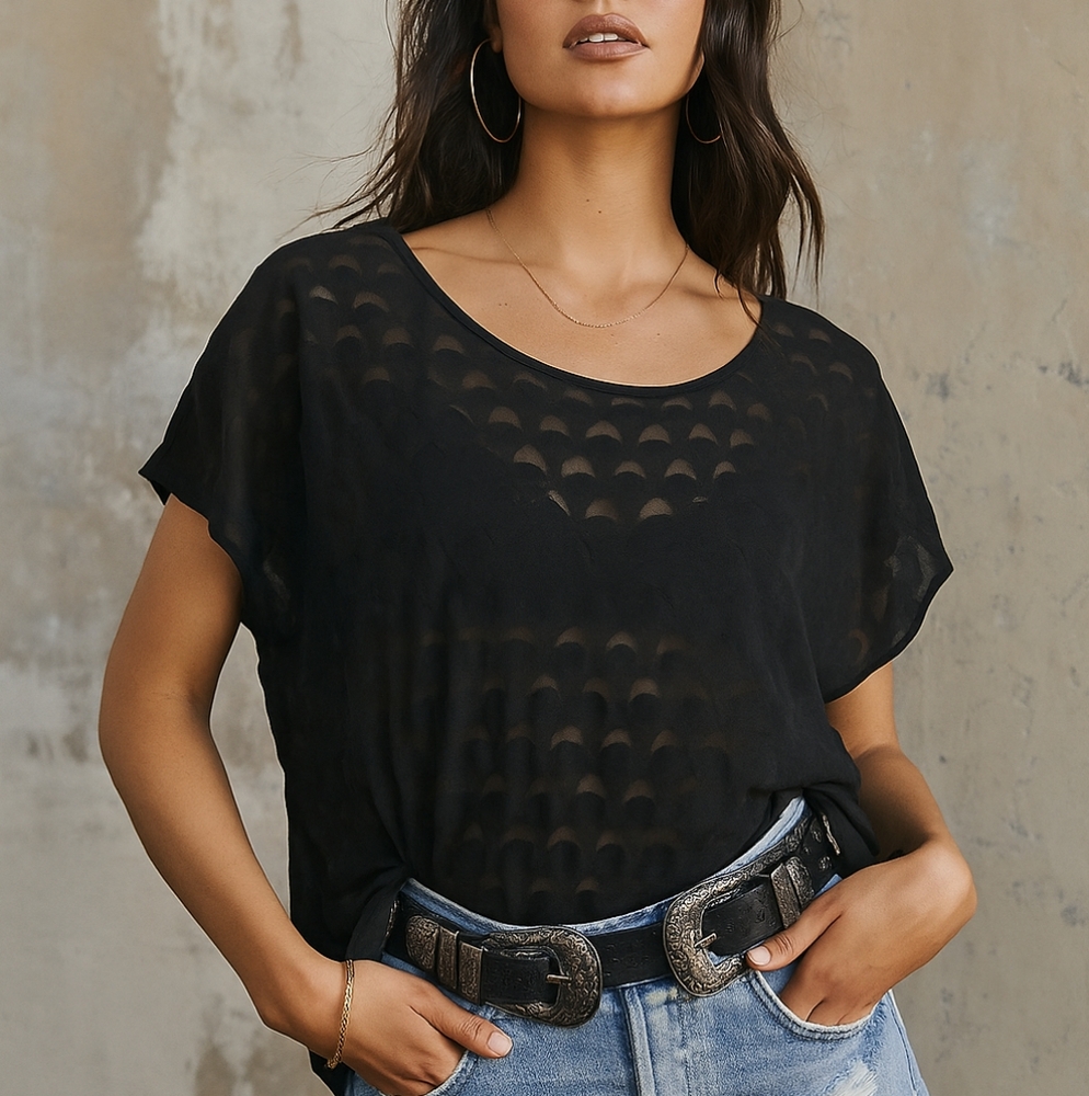 Zenobia Black Sheer Textured Cutout Top - Size XL